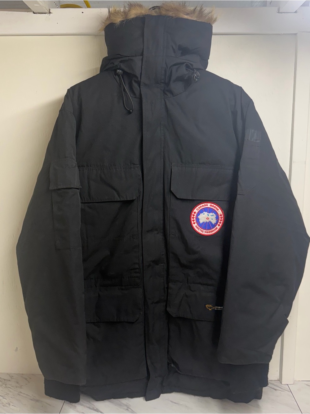 Canada Goose Black Men's Expedition-Style Puffer Parka with Fur Trim